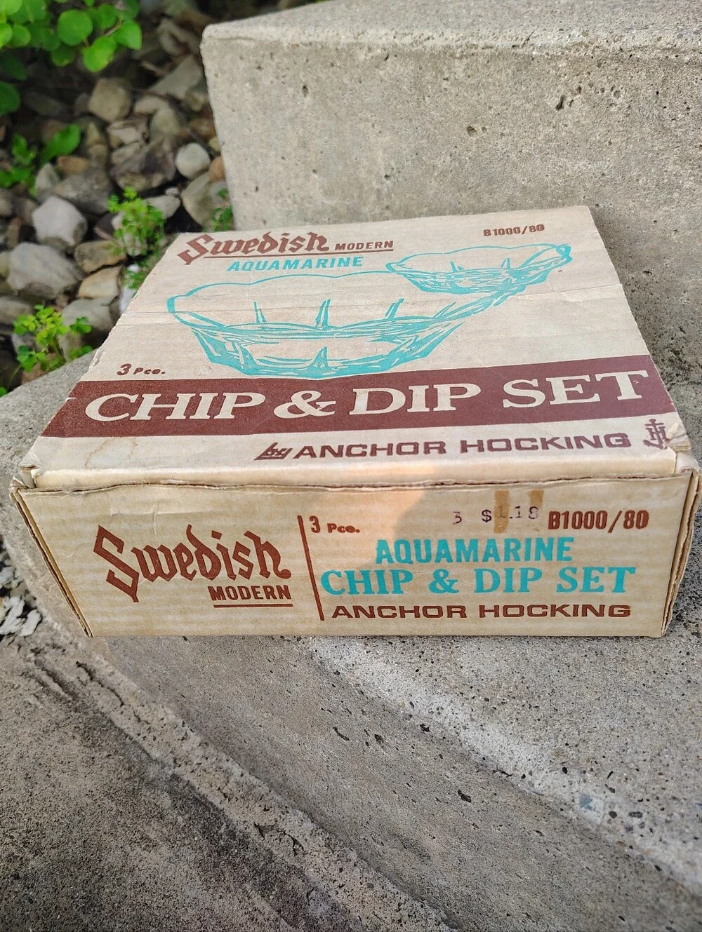 Vintage Anchor Hocking Swedish Modern Aquamarine Chip Dip Set B1000/80 MCM Box